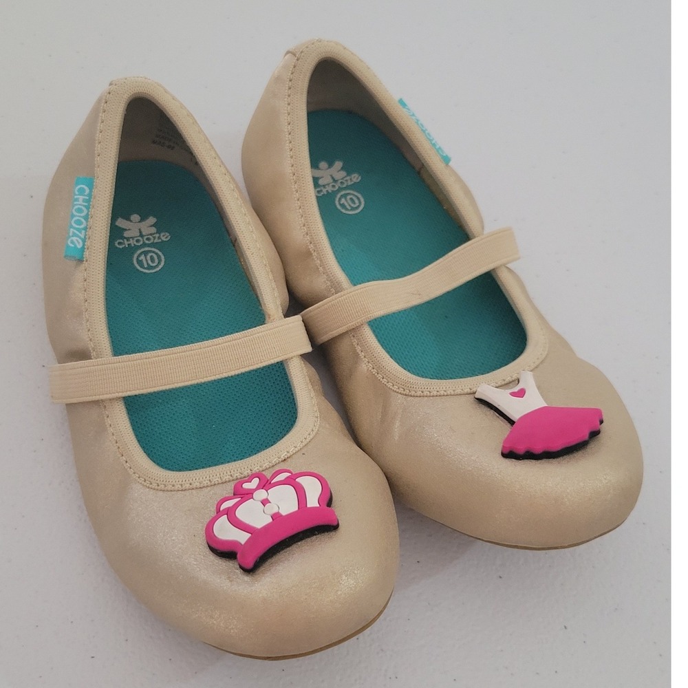 Chooze Girls Gold Ballet Flats Size 10 Princess Crown Dress Mary Jane Shoes